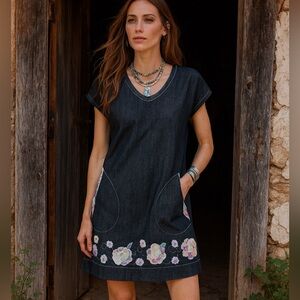Recycled Seams Thick Blue Dark Denim Floral Appliqué Shift Mini Dress